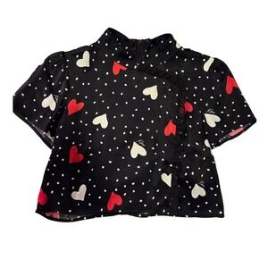 Kitri Black Heart Polka Dot Mandarin Collar Ruffle Crop Top Blouse Sz US 4